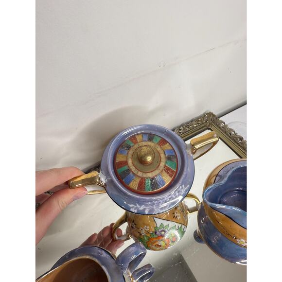 Lusterware Kitchen Set Sugar Creamer Painted Ethnic Asian Japanese Iridescent - Picture 2 of 10